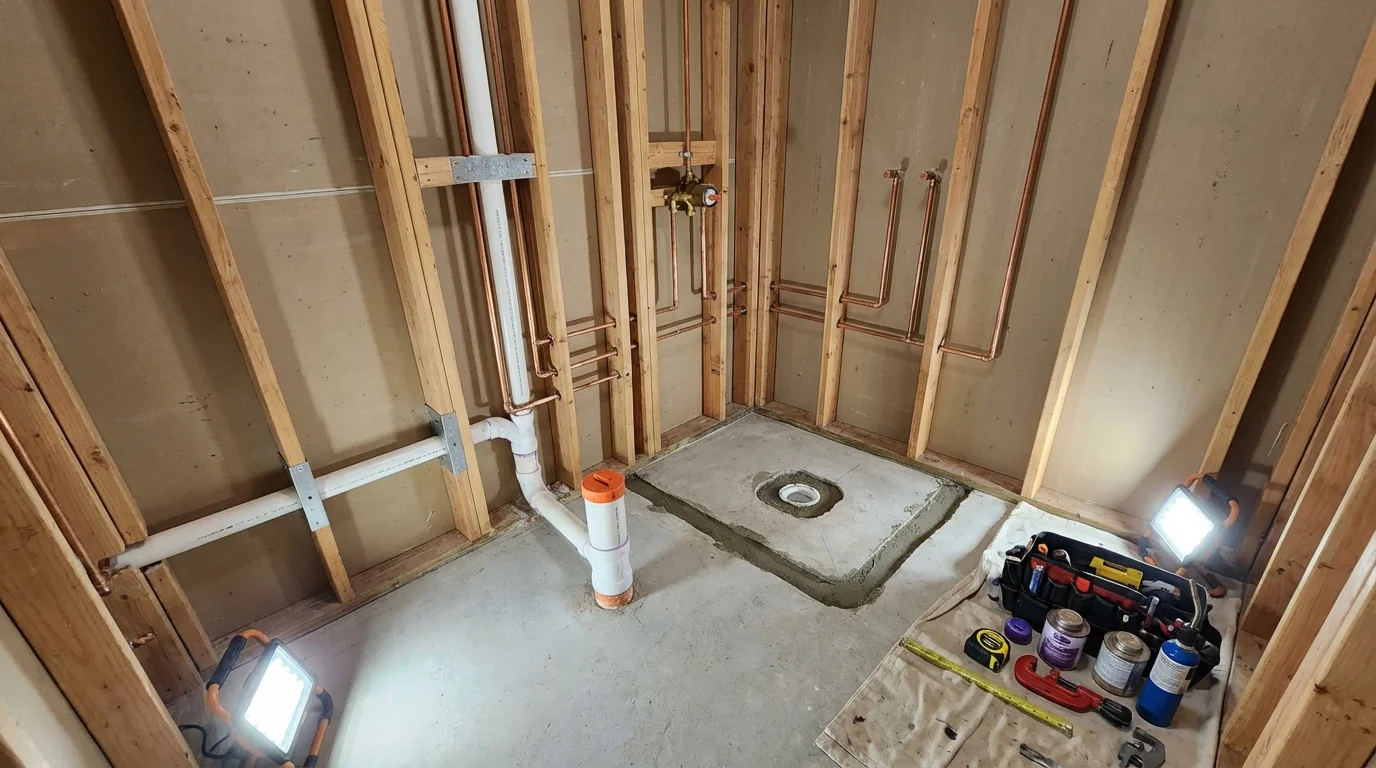 Bathroom rough-in plumbing during remodel by Johns Plumbing LLC in Stockton