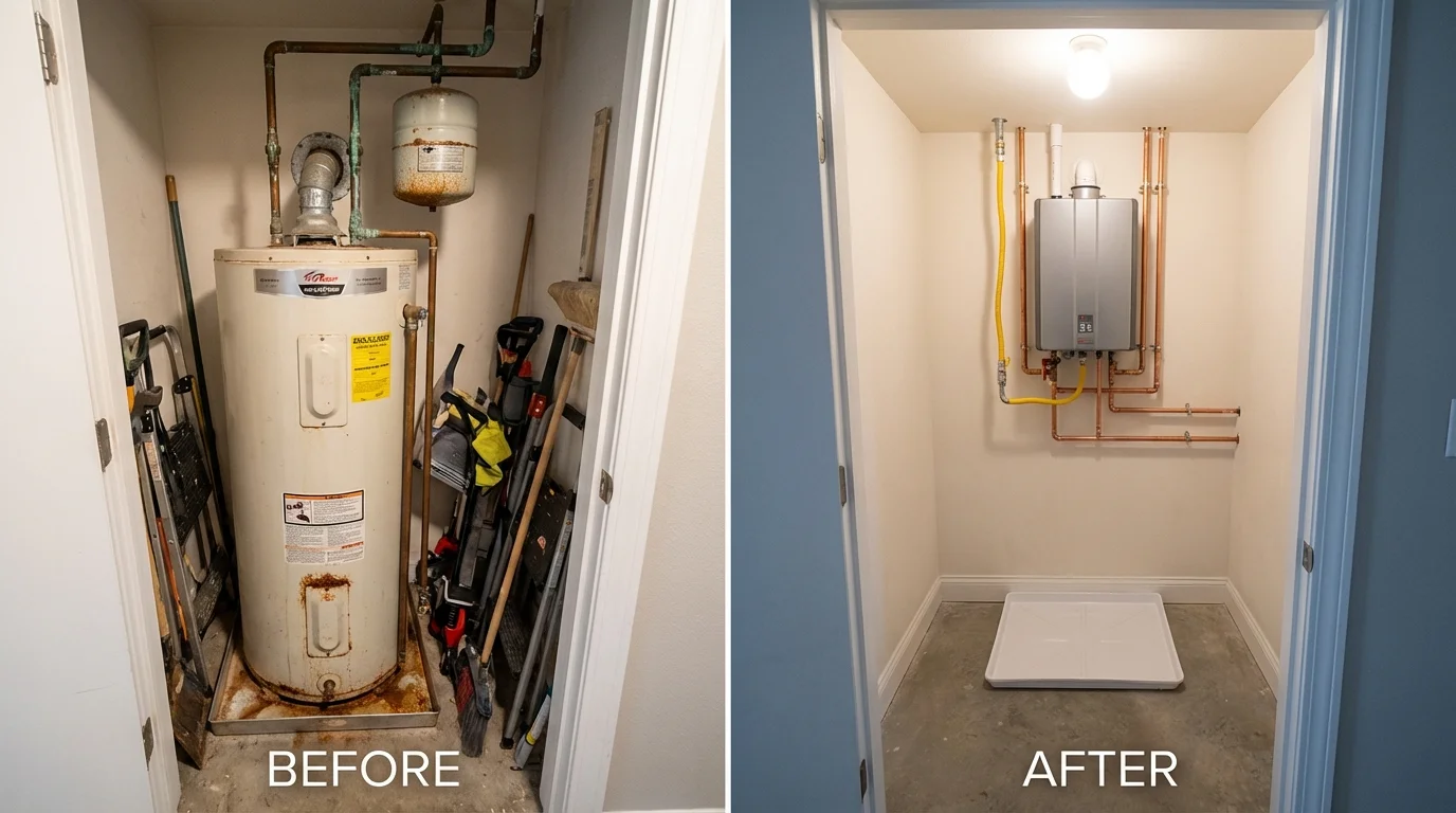 Tank water heater versus wall-mounted tankless unit comparison for Stockton, CA homeowners