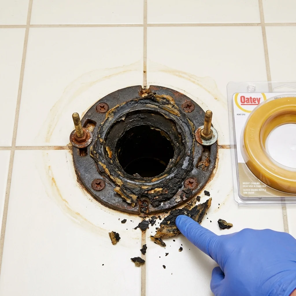 Failed wax ring showing water seepage at the base of a toilet in a Stockton, CA home